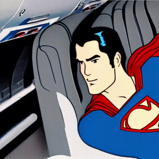 Prompt: photo of Superman on an airplane first class relaxing.