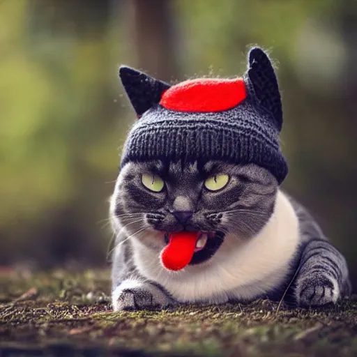 Image similar to cute cat photo licking tongue sticking out, wearing wool hat cat ears