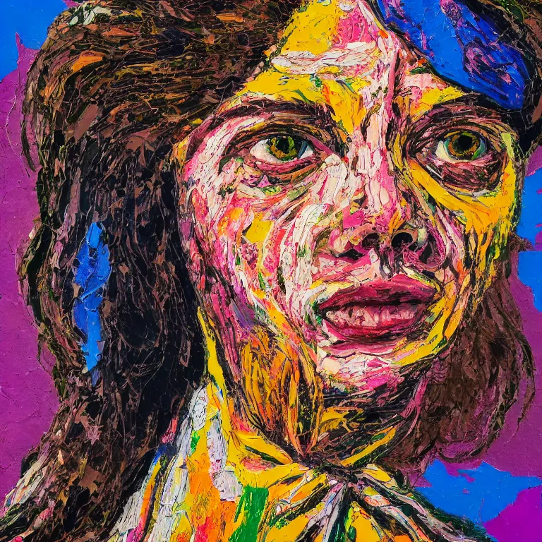 Prompt: close up studio portrait of lovely hippy chick symmetrical face with her hair in a patterned bandana in 1972, impasto heavy brushstrokes oil painting by Lucian Freud and Tim Hawkinson and Cy Twombly, Intense colors trending on artstation dramatic lighting Expressionism