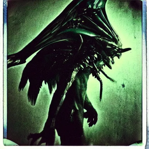 Image similar to a dark artistic photo of an alien creature with crazy wings, a polaroid photo, bleeding decaying colors!