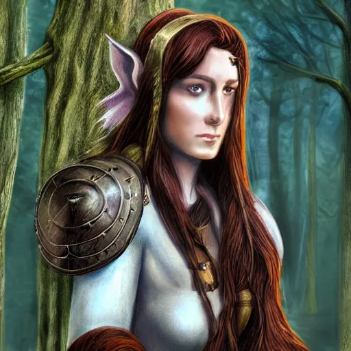 Image similar to athena as a medieval fantasy wood elf, dark purplish hair tucked behind ears, wearing a green tunic with a fur lined collar and brown leather armor, wide, muscular build, scar across nose, one black, scaled arm, cinematic, character art, digital art, forest background, realistic. 8 k