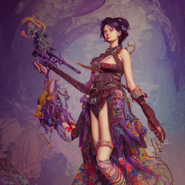 Prompt: the portrait of chaotic neutral semi - colorful smirking female bard assassin as absurdly beautiful, gorgeous, elegant, young swimsuit model, an ultrafine hyperdetailed illustration by kim jung gi, irakli nadar, intricate linework, bright colors, octopath traveler, final fantasy, unreal engine 5 highly rendered, global illumination, radiant light, detailed and intricate environment