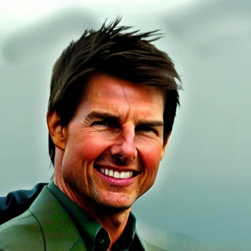 Image similar to Tom Cruise waving to fans. He's wearing bluejeans and a green jacket, Ralph Lauren. A helicopter is in the background. Shallow depth of field