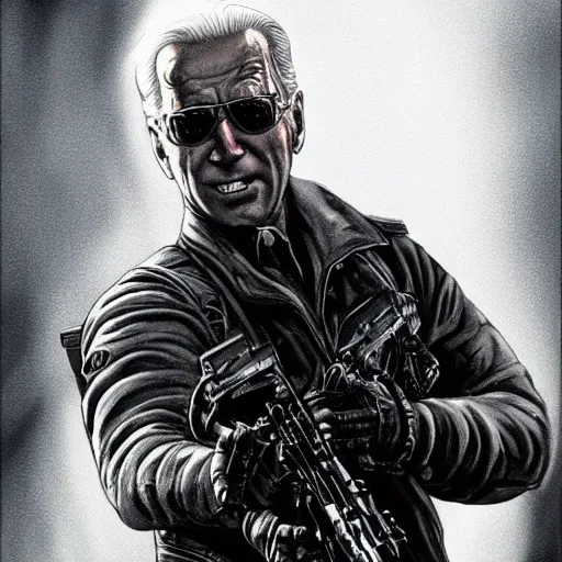 Image similar to joe biden as the terminator, dramatic lighting, cinematic, establishing shot, extremly high detail, photorealistic, cinematic lighting, artstation, style by James Gurney