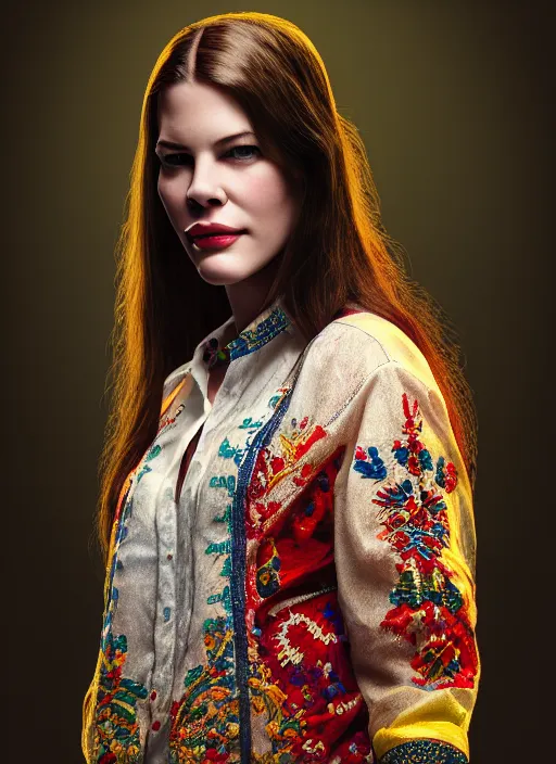 Image similar to young liv tyler, ukrainian national clothes, embroidered shirt, portrait of young woman, 8 k ultra realistic, lens flare, atmosphere, glow, detailed, intricate, full of colour, led lighting, 4 k, hyperrealistic, focused, extreme details, unreal engine 5, masterpiece