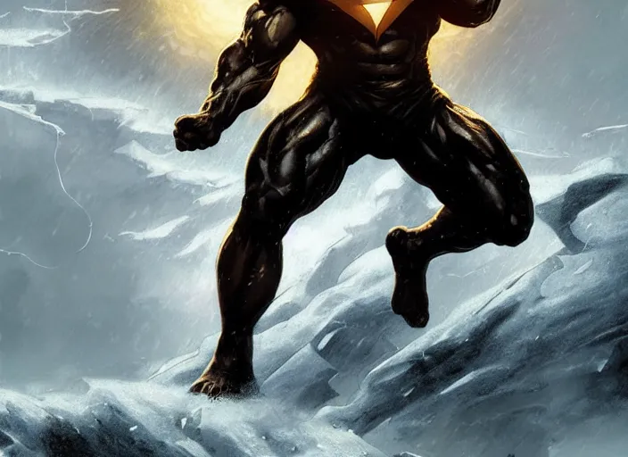 Image similar to giant black adam attacking during a blizzard, highly detailed, digital illustration, artstation, concept art, matte, sharp focus, illustration, dramatic, full moon, art by artgerm and greg rutkowski and alphonse mucha