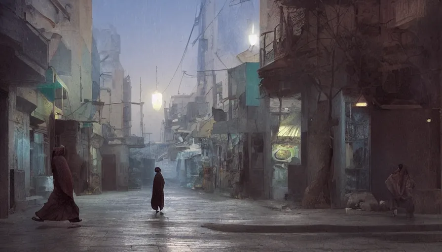 Prompt: old jeddah city street at night, roshan, shops, pharmacy, a nomad wearing a worn out coat, plants, tree, night, by caspar david friedrich by james gilleard and justin gerard, artstation, smooth, sharp focus, by jean baptiste, octane render