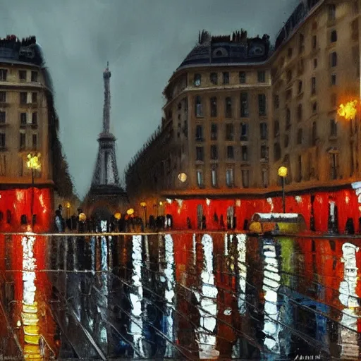 Image similar to Public square in Paris, it is night and raining, oil painting , highly detailed , high contrast, beautiful lighting, award winning , trending on art station, photorealistic, 8k