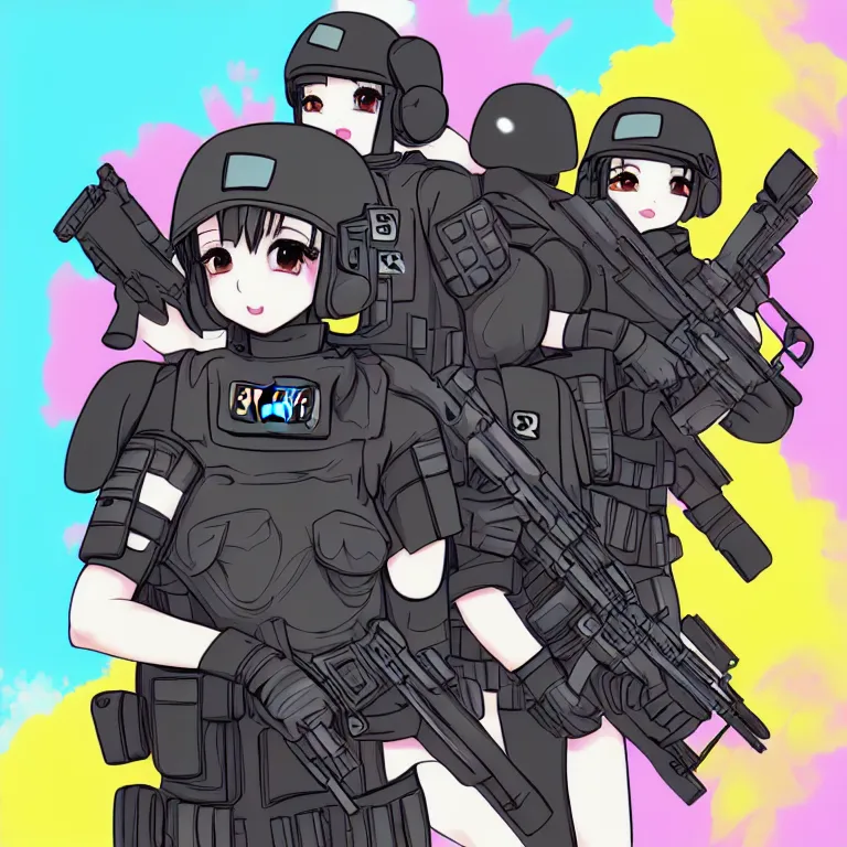 Image similar to kawaii swat team, colorful, fashion, photography, cute, highly detailed, realistic, depth of field