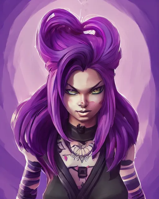 Image similar to beautiful female purple hair with dagger tattoo symmetrical face eyes full length fantasy art apex fortnite Video game icon, 2d game art gta5 cover , official fanart behance hd artstation by Jesper Ejsing, by RHADS, Makoto Shinkai and Lois van baarle, ilya kuvshinov, rossdraws