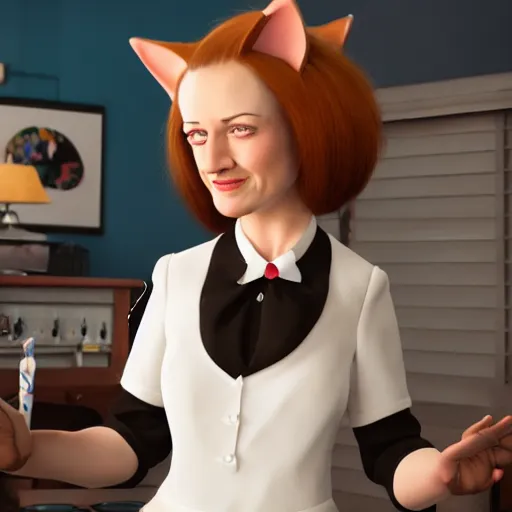 Image similar to Film still of female Saul Goodman wearing a cat maid suit by Thomas romain, trending on artstation, artstationHD, artstationHQ