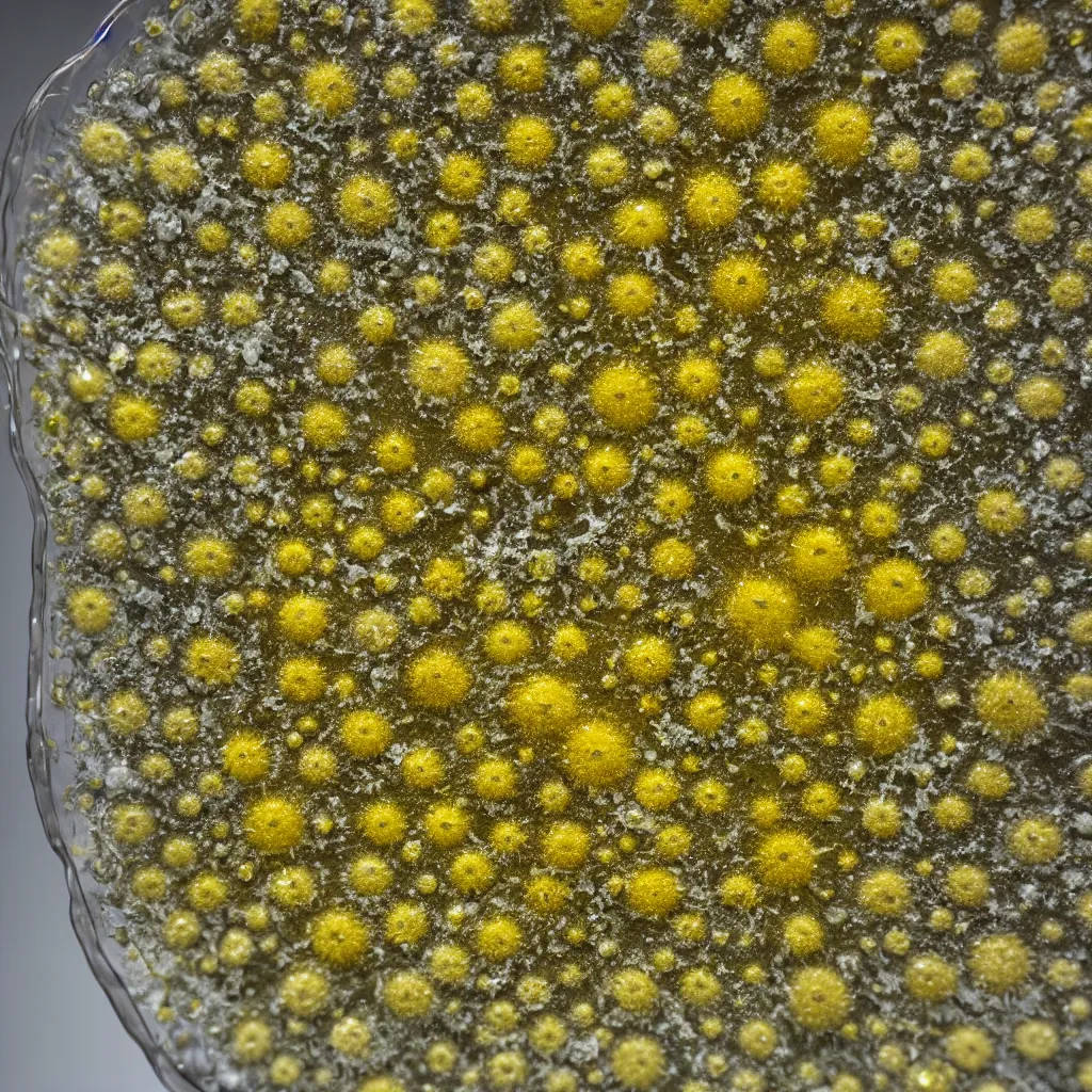 Prompt: mold growing on a glass platter, macro photography, scientific study, yellow mold, mycelial network