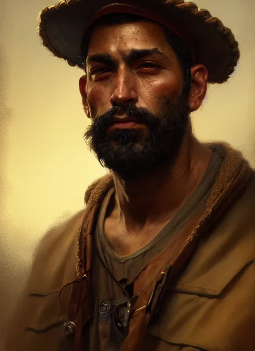 Prompt: portrait of a rugged hispanic man wearing a sailors cap, victorian, concept art, detailed face, fantasy, close up face, highly detailed, cinematic lighting, digital art painting by greg rutkowski