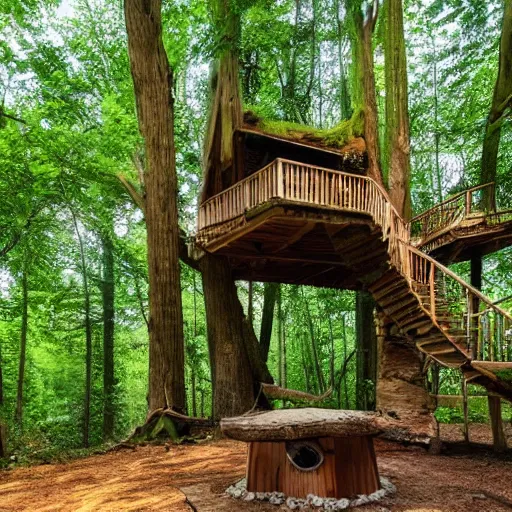 Prompt: treehouse covered in vines with a natural wooden staircase in the tree in an epic forest with a campfire at the base