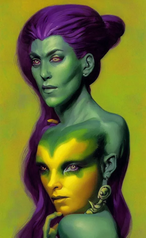 Prompt: portrait of princess of the dreamlands and moon beast, by brom, vibrant colors, yellow purple green black
