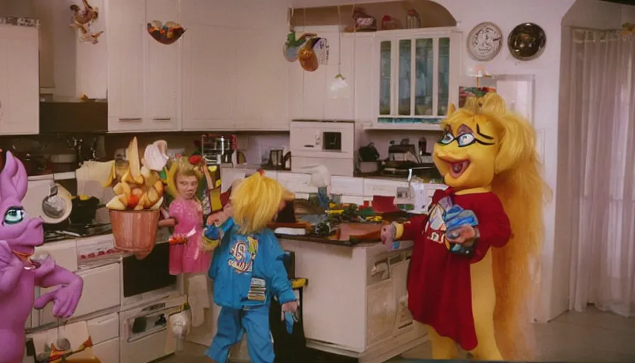 Prompt: 1 9 9 0 s candid 3 5 mm photo of a beautiful day in the family kitchen, cinematic lighting, cinematic look, golden hour, an absurd costumed mascot from the jimbles the super pony showing the kids how to build time machine, the kids are hungry but jimbles is showing them how to make a time machine to time travel, uhd