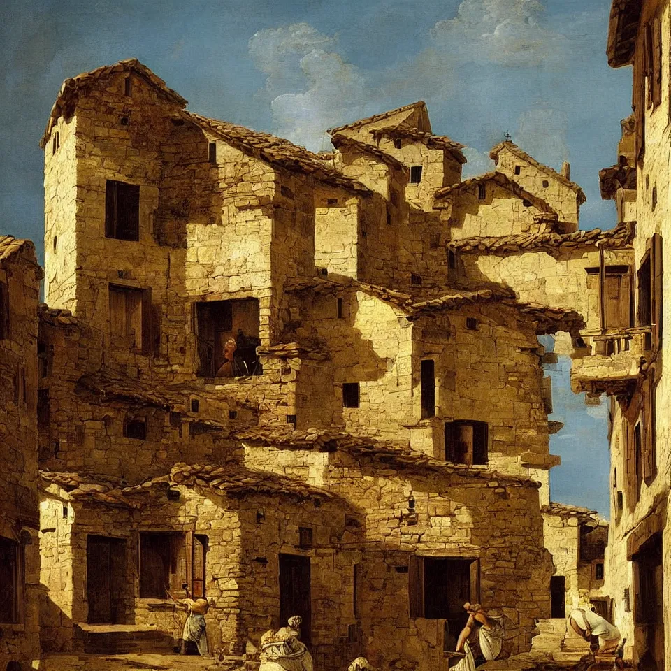 Prompt: a painting of ancient roman village houses by canaletto and caravaggio and aaron horkey, dramatic lighting, analogous complementary colour scheme, vivid colours