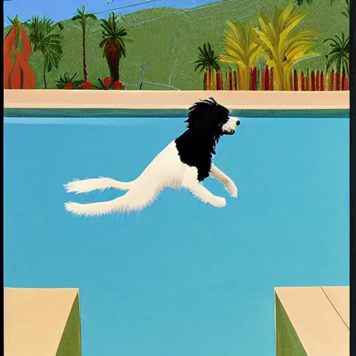 Image similar to medium shot, cream colored havanese dog jumping from a diving board into a pool at a mid century modern house in palm springs, painting by david hockney