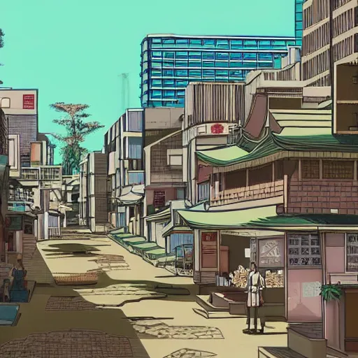 Prompt: japanese town, neighborhood, japanese city, underground city, modern city, tokyo - esque town, 2 0 0 1 anime, cel - shading, compact buildings, sepia sunshine