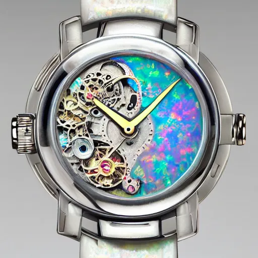 Image similar to celestial watch from the far future with infinite dials, mother of pearl opal, year 2 5 0 0, style of norman rockwell