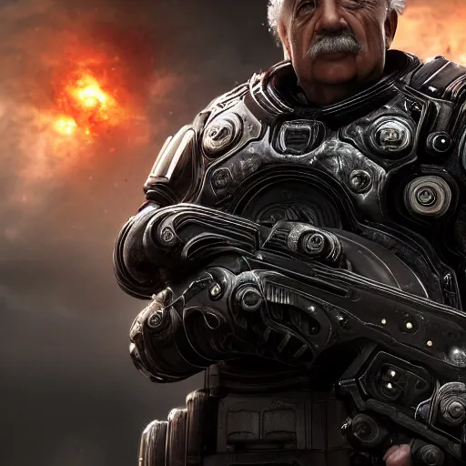 Image similar to Albert Einstein in Gears of War, splash art, movie still, detailed face, cinematic lighting, dramatic, octane render, long lens, shallow depth of field, bokeh, anamorphic lens flare, 8k, hyper detailed, 35mm film grain