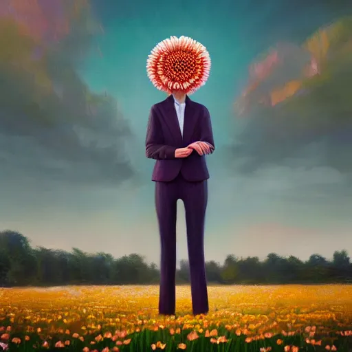 Image similar to giant daisy flower head, frontal, girl in a suit, surreal photography, sunrise, dramatic light, impressionist painting, digital painting, artstation, simon stalenhag