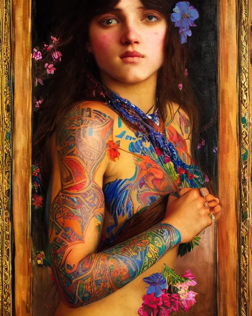 Prompt: a beautiful girl with colourful tribal tattoos surrounded by colourful flowers orientalist intricate portrait by john william waterhouse and edwin longsden long and theodore ralli and nasreddine dinet, oil on canvas. cinematic, hyper realism, dramatic lighting, high detail 8 k