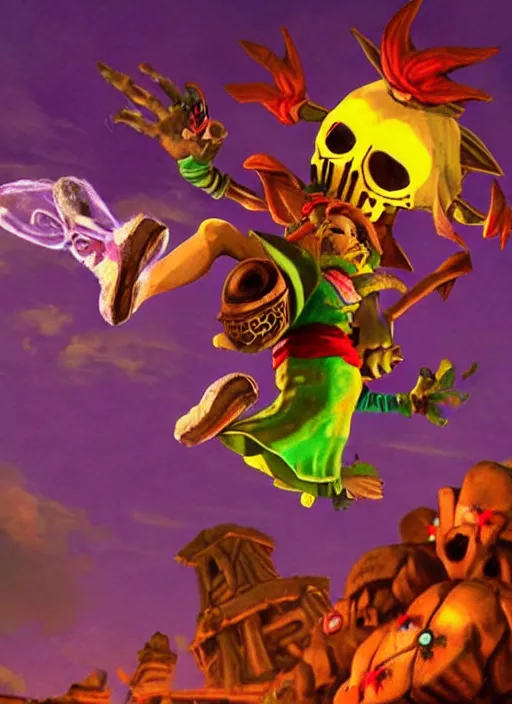 Image similar to skull kid from majoras mask floating in the air while looking at the viewer maniacally, legend of zelda fairy in the background, dramatic lighting, cinematic, film, dynamic pose, movie scene