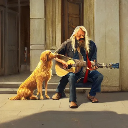 Image similar to oil painting of a man with long hair blond and a beard hippie style with his golden retrever dog playing guitar in the square for money, people watching around, by greg rutkowski, artstation