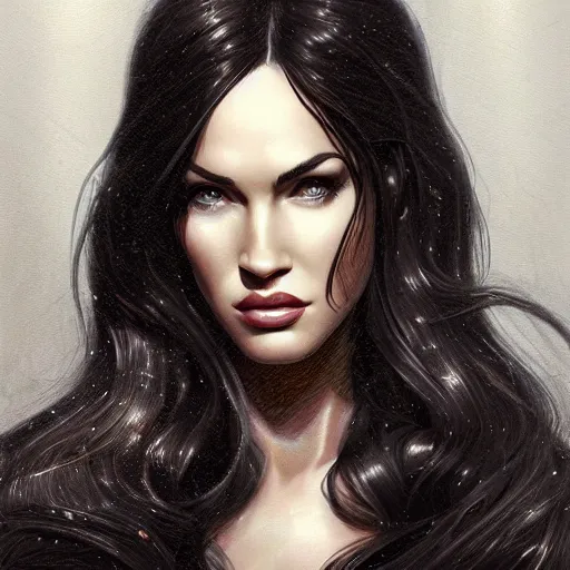 Image similar to portrait of megan fox in black business suit, fantasy, intricate, elegant, highly detailed, digital painting, artstation, concept art, matte, sharp focus, perfect face symmetry, illustration, art by aenaluck and roberto ferri and greg rutkowski, epic fantasy, digital painting