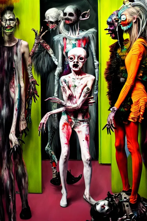 Image similar to crazy fashion catwalk, freak show, crazy clothes, biopunk style, horror, hauntingly surreal, highly detailed painting by francis bacon, edward hopper, adrian ghenie, gerhard richter, and james jean soft light 4 k,