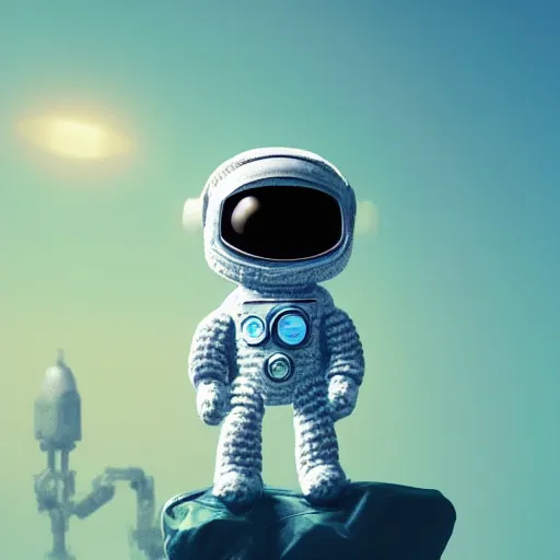 Image similar to cute robot crochet astronaut traveling alone on a yarn planet. shot from behind, cute, illustration, digital art, inspired by little big planet, by greg rutkowski, detailed, sharp, masterpiece, highly detailed, photorealistic, octane render, 8 k, unreal engine 5, trending on artstation, cinematic