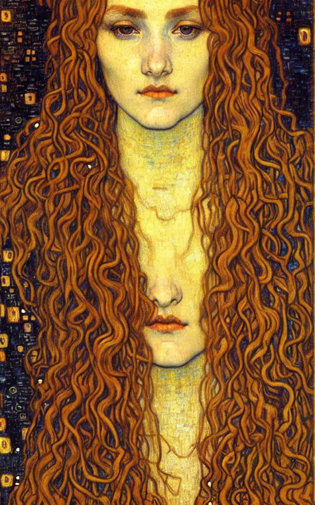 Image similar to detailed realistic beautiful young medieval queen face portrait by jean delville, gustav klimt and vincent van gogh, art nouveau, symbolist, visionary, gothic, pre - raphaelite, muted earthy colors, desaturated