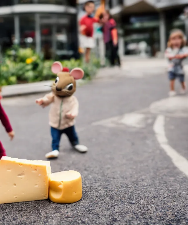 Prompt: high quality presentation photo of cute anthropomorphic mice eating cheese with small people walking around them, photography 4k f1.8 anamorphic bokeh 4k Canon Nikon