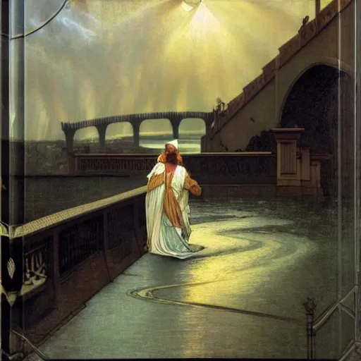 Prompt: Magician leaving the castle through the bridge, thunderstorm, beach ocean on the background major arcana sky, balustrade, by paul delaroche, alphonse mucha and arnold böcklin arnold böcklin hyperrealistic 8k, very detailed