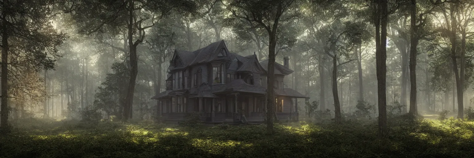 Prompt: victorian house in a forest with obsidian trees and Opal flowers, jade, lapis, eerie, sunshine, rays of light, painting, trending on artstation, octane render, atmospheric lighting, misty, rain