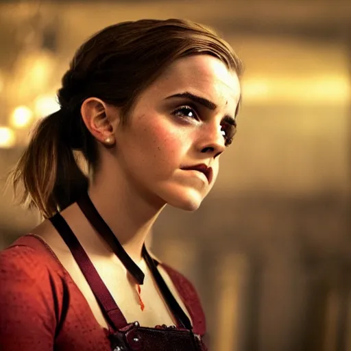 Image similar to Emma Watson as Jinx ,Arcane, cinematic, Wide-shot, atmospheric lighting, directed by Quentin Tarantino, movie still