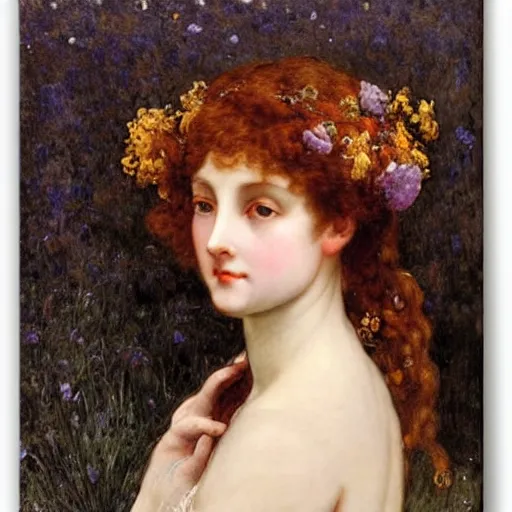 Image similar to a girl with three eyes on 5 translucent luminous spheres, full of floral and berry fillings, in an ocean of lavender color portrait painting by arthur rackham, eugene de blaas, frederic leighton
