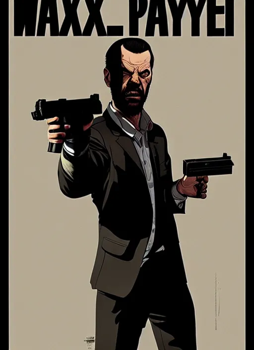 Image similar to poster artwork by Michael Whelan and Tomer Hanuka, a portrait of Max Payne dying from gunshot wounds, clean