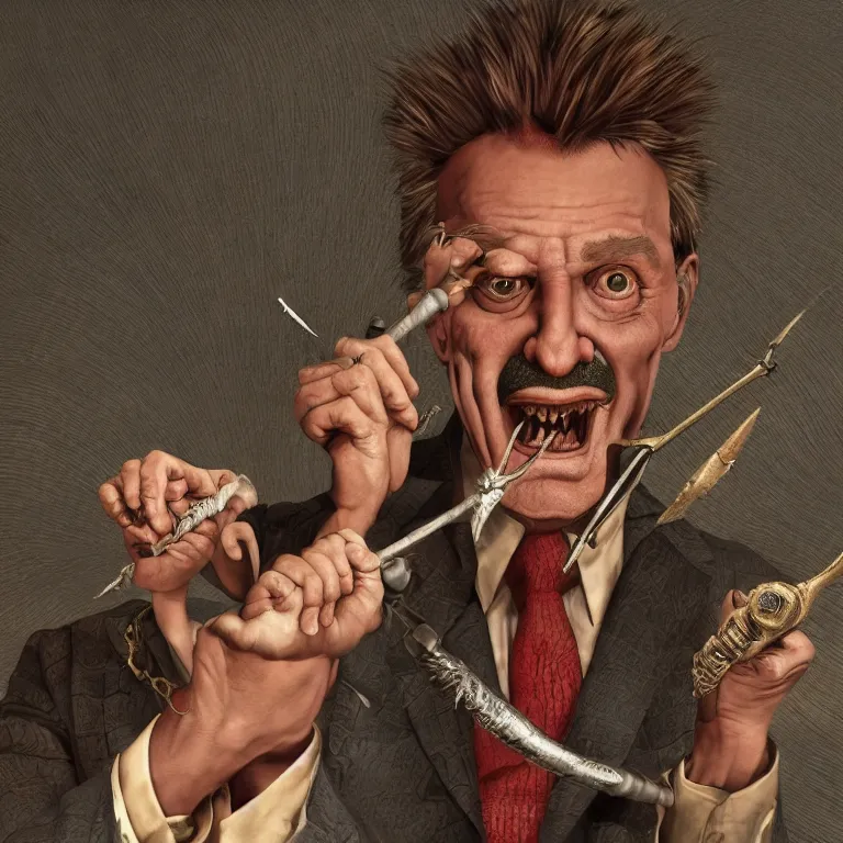 Prompt: octane render portrait by wayne barlow and carlo crivelli and glenn fabry and salvador dali and wes anderson, tiny little evil gremlin wearing a high - end gucci three piece suit while stabbing people in the leg with a trident, cinema 4 d, ray traced lighting, very short depth of field, bokeh