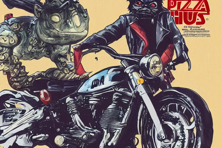 Image similar to 'pizza the hut', akira's motorcycle, gorillaz, poster, high quality