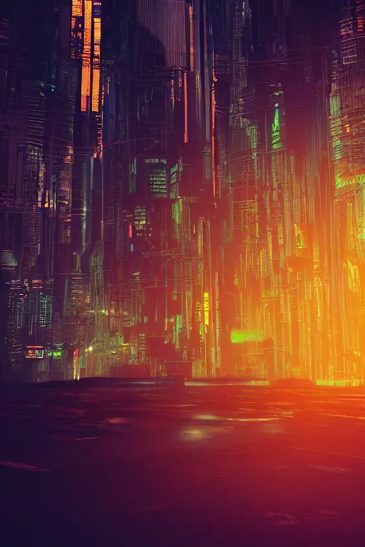 Image similar to cyber punk city scape at dusk orange light , realistic, cinematic style, 100mm, film post process, unreal