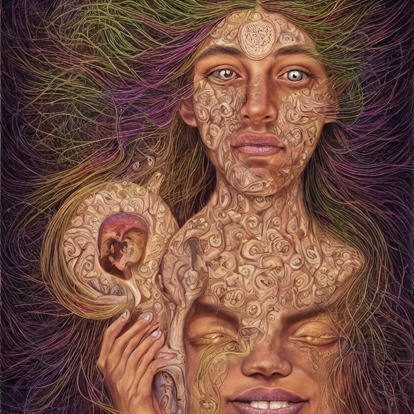 Prompt: perfectly centered portrait front view of a beautiful mushroom goddess, flowing hair, intense stare, sweet smile, symmetrical, concept art, intricate detail, volumetric shadows and lighting, realistic oil painting by alex grey,