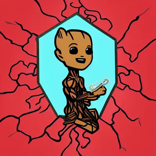 Image similar to baby groot and random english words with red and black colors as pop smoke album cover