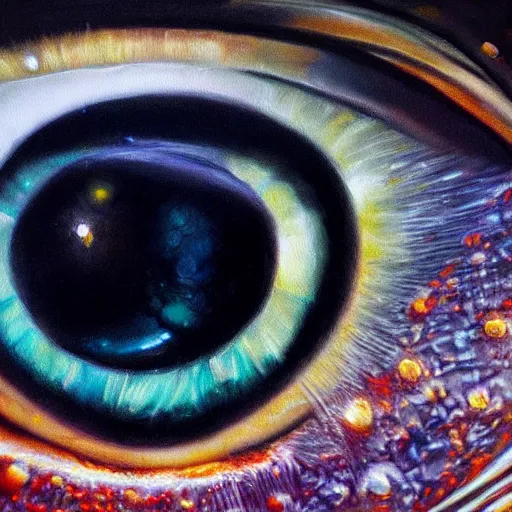 Image similar to a highly detailed photorealistic painting of a human eye with a reflection of outer space