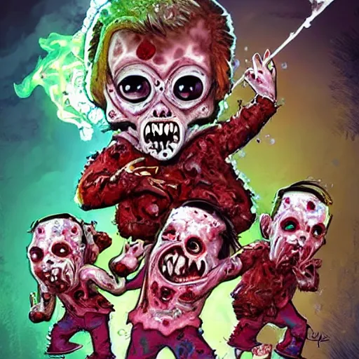 Image similar to Zombies are icy, zombies drink sprite and eat pizza, chibi style, artwork by eddie mendoza + moebius