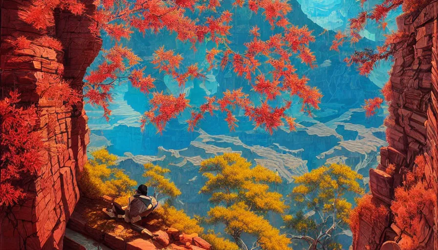 Image similar to single red maple tree growing in grand canyon, stream, tristan eaton, victo ngai, artgerm, rhads, ross draws, highly detailed, masterpiece