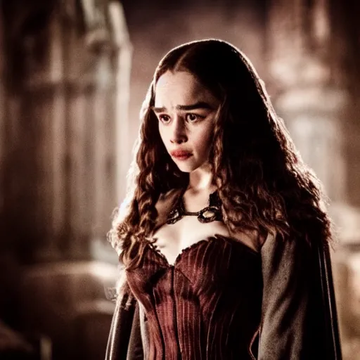 Image similar to emilia clarke as a female demon in a gloomy gothic cathedral at night