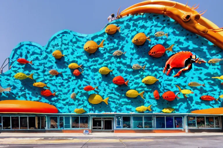 Image similar to 1 9 8 5 crab themed giant aquarium, googie architecture, one point perspective, americana, fishcore, exterior photography, hd 8 k, taken by alex webb