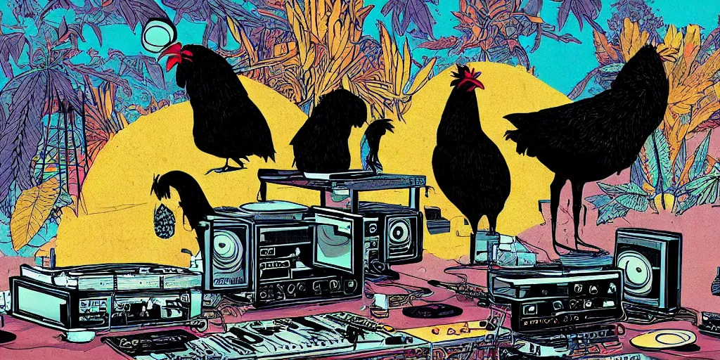 Image similar to 'black chicken'!!! smoking 'cannabis'!!!!!! in front of 'audio console'!!!! and 'multi monitors'!!!! 'in a hi-tech tv broadcasting studio'!!!!, artwork by James Gilleard